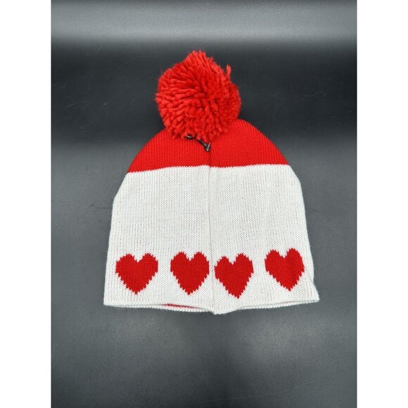 Sock Hat Hearts Pom Pom Beanie Red Hearts White Color Block Fluffy Womens Cute - Picture 3 of 9